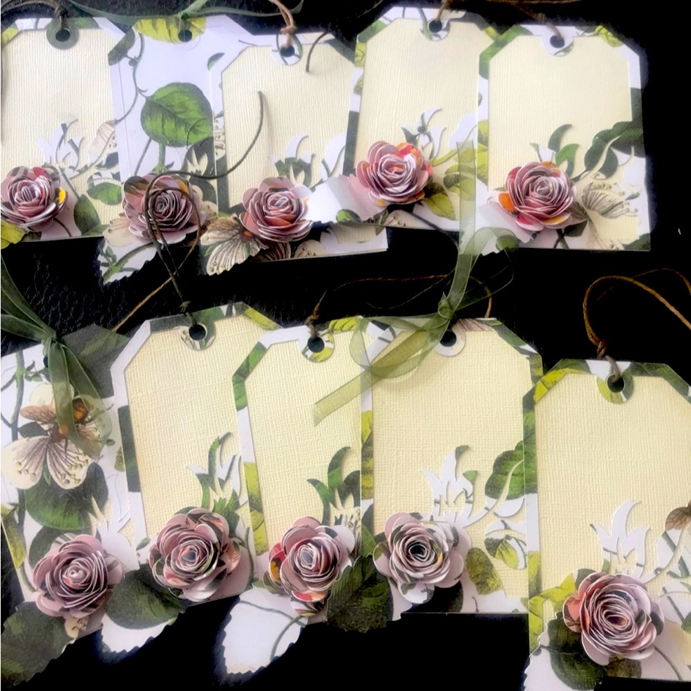 10 pcs Floral Hand Crafted Gift Tags with Rolled Flowers Pink Green